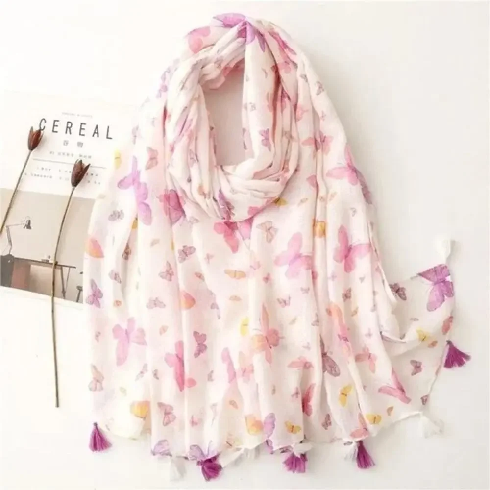 NEW Boho Butterfly Design Tasseled Rectangle Soft Chic Scarf Large Cream Pink